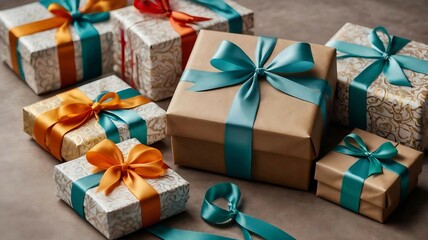 Gifts: Elegantly wrapped boxes with bright and bows. New Year's atmosphere