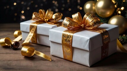 Gifts: Elegantly wrapped boxes with bright and bows. New Year's atmosphere