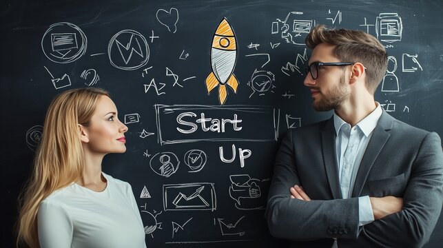 Confident Businessman and Businesswoman in Formal Attire Facing Each Other in Front of Startup Chalkboard Illustrations