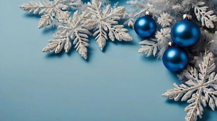 white-blue background frame in the form of Christmas tree decorations, festive atmosphere