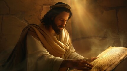 Divine Figure in Contemplation, Reading an Illuminated Ancient Scroll in a Celestial Setting