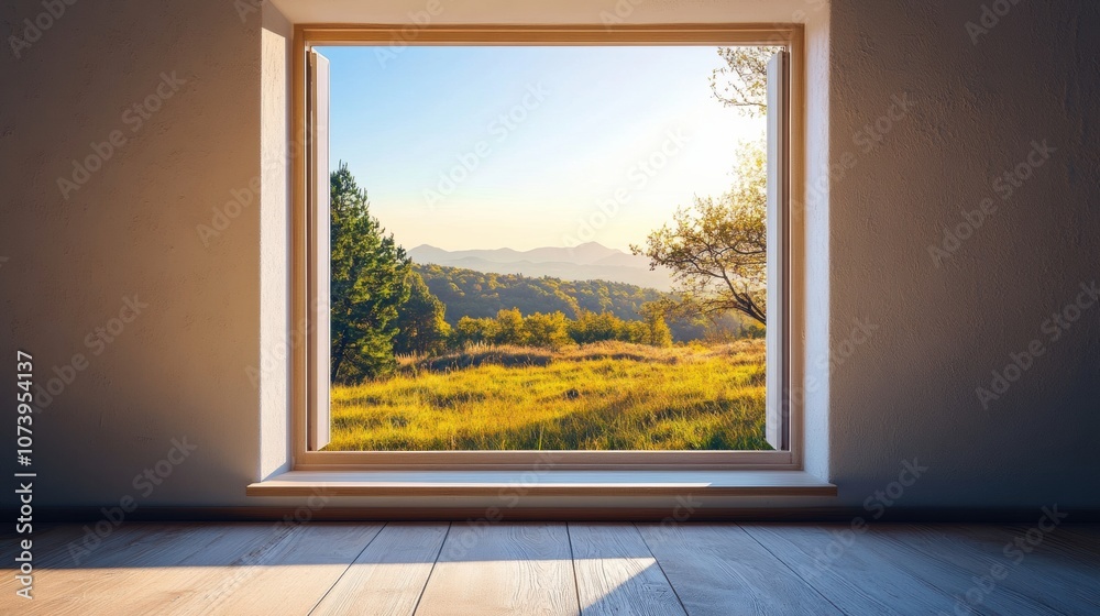 Aufkleber golden sunlight streams through a window, illuminating a peaceful landscape outside, featuring trees