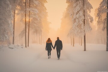 A couple walking hand in hand through a snowy forest at sunset, surrounded by snow-covered trees and illuminated by warm, golden light
