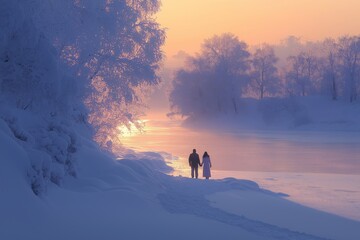 A serene winter scene of a couple holding hands, walking along a snowy path beside a frozen river at sunset, with snow-covered trees glowing softly in warm evening light