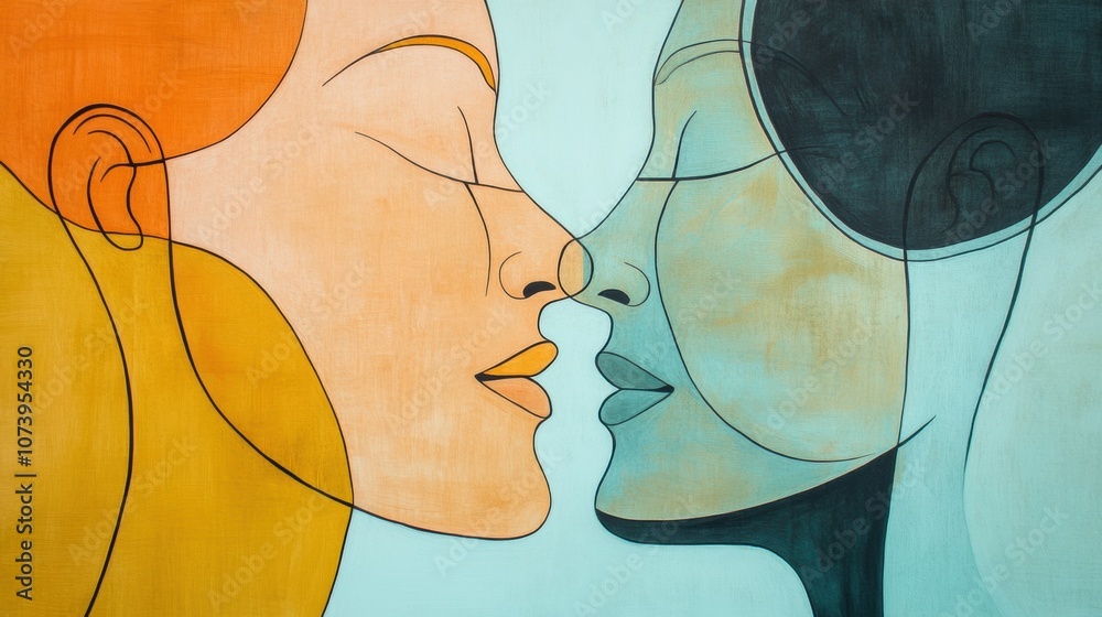 Leinwandbilder two abstract silhouettes in soft pastel shades exhibit an intimate connection, emphasizing communica