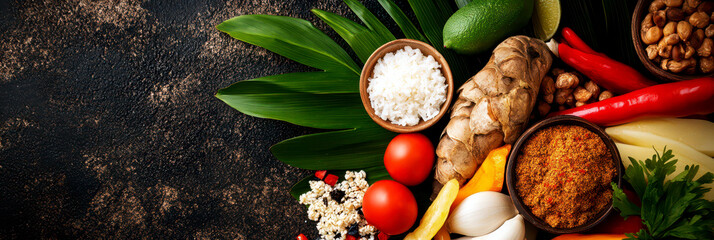Mauritian independence day celebration with traditional cuisine and fresh ingredients. Horizontal banner. Copy space. Holiday food of Mauritius on a wooden table. Top view