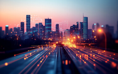 Fototapeta premium Stunning city skyline with vibrant colors at dusk, showcasing urban life and energy.