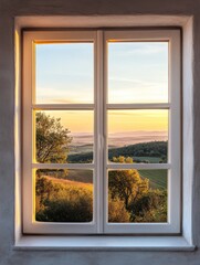 Fototapeta premium The view through the window showcases a beautiful landscape bathed in warm sunset hues, highlighting rolling hills and trees. Generative AI