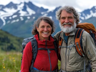Joyful Older Couple Enjoying Outdoor Hiking Adventure in Scenic Alaska Mountain Landscape