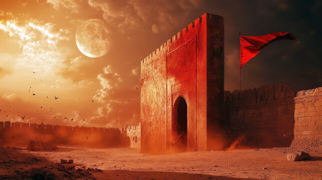 Tunisia independence day celebration with historic fortress and red flag at sunset. Horizontal banner. Copy space. Holiday background - Powered by Adobe