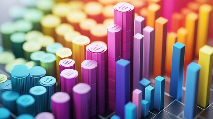 Obraz premium Colorful 3D bar chart representing data analysis and financial growth.