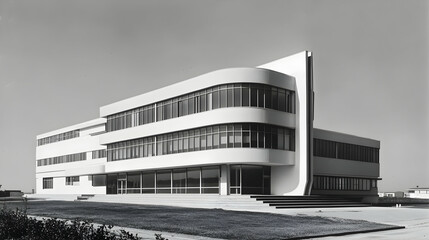 Black and white capture of functionalist architecture emphasizing structural simplicity. high quality image