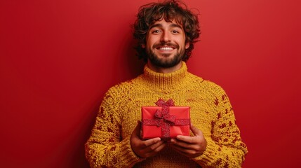 Fototapeta premium Joyful Man in Cozy Sweater Holding a Gift Against Bright Red Background for Christmas Celebration