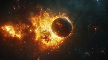 Two planets collide and explode in the deep space 