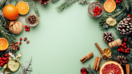 culinary-themed border on a light green background featuring holiday elements like orange slices, pine branches, pinecones, cranberries
