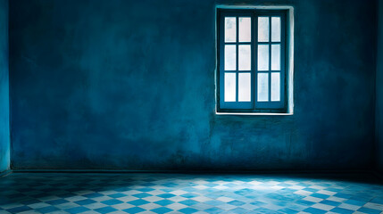 Blue wall with a single window and a tiled floor, ideal for interior design photography. high quality image