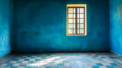 Blue wall with a single window and a tiled floor, ideal for interior design photography . illustration