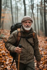 Elderly man hiking through a misty forest, wearing a warm jacket, carrying a walking stick, surrounded by autumn leaves, calm and serene expression