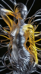 A stunning, avant-garde digital rendering of a woman's body, intricately crafted from a series of intertwined, overlapping lines forming a complex, three-dimensional shape
