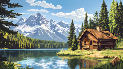 Fototapeta premium A rustic cabin sits by a tranquil lake with a view of snow-capped mountains in the distance. Rustic. Illustration