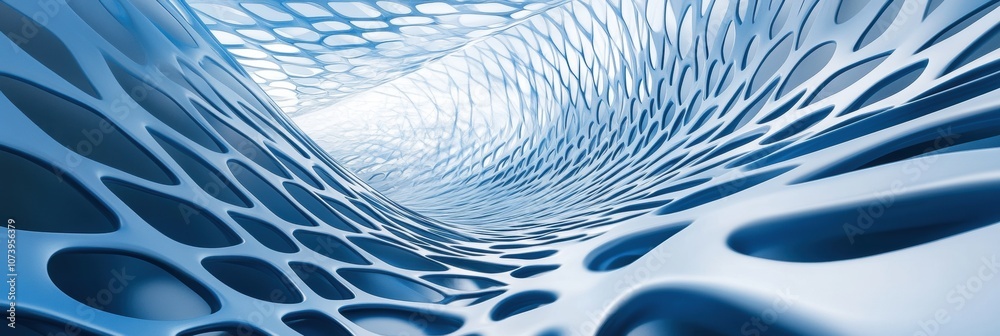 Poster A surreal arrangement of blue and white network lines creates a fluid 3D pattern, evoking a sense of depth and movement in digital art. Generative AI