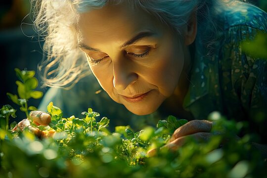 Elderly woman taking care of a vegetable garden, planting seeds with meticulous care, enjoying the process, surrounded by green plants