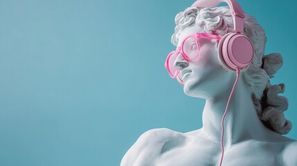 A classical-style statue with a modern twist, adorned with pink headphones and glasses against a bright blue background