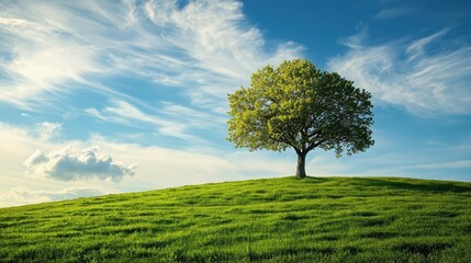 Obraz premium Solitary Tree on Green Hill Under Blue Sky with Whispy Clouds: Breathtaking Landscape Capturing Serene Natural Beauty and Tranquility