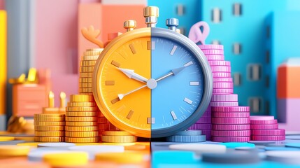 Colorful stopwatch and coins symbolize time management and financial planning concepts.