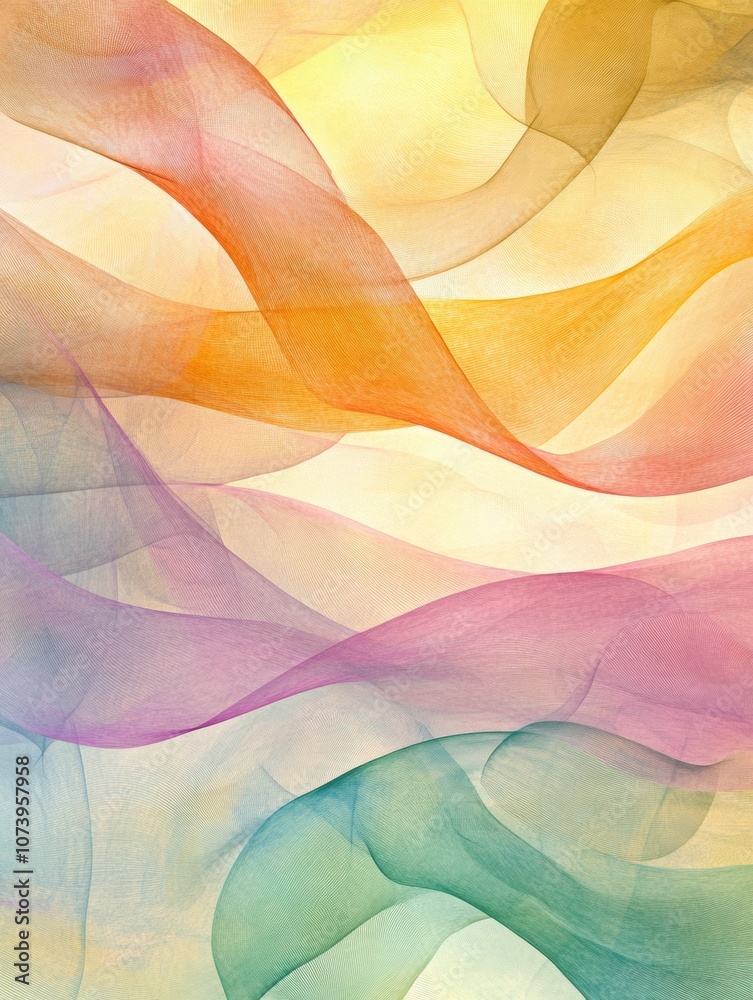 Poster Delicate waves in gentle pastel colors blend smoothly, evoking a sense of calm and balance, perfect for a serene backdrop. Generative AI