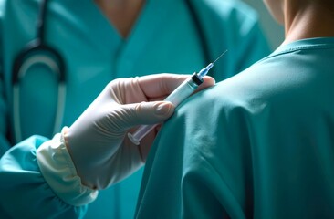 Doctor with Syringe. Close-up Doctor Hand in a glove Holding Syringe with liquid medication, near Patient's Shoulder. Concept of Medicine and Health