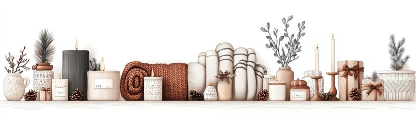 Cozy home decor featuring candles, blankets, and rustic elements for a warm atmosphere.