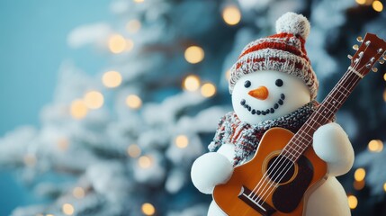 a festive snowman holding a guitar, against a softly lit, wintery background