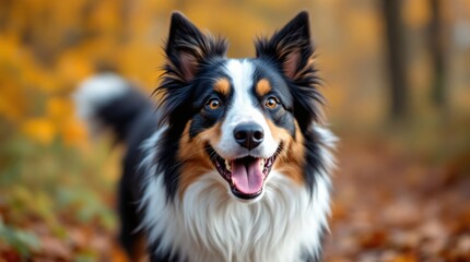 Fototapeta premium Purebred border collie dog walking outdoors in sunset autumn field. Domestic pet in fall season. Autumn sheltie puppy in dry grass