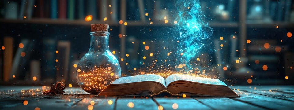Magical Fantasy Scene with Enchanted Book and Glowing Potion Bottle on Wooden Table in Dimly Lit Library