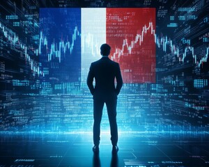 france finance and economy. a businessman standing in front of a digital trading platform, economic growth, stock market chart, investment trends global challenges and opportunities.