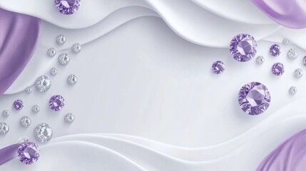 purple and silver gems scattered across a white flowing fabric background