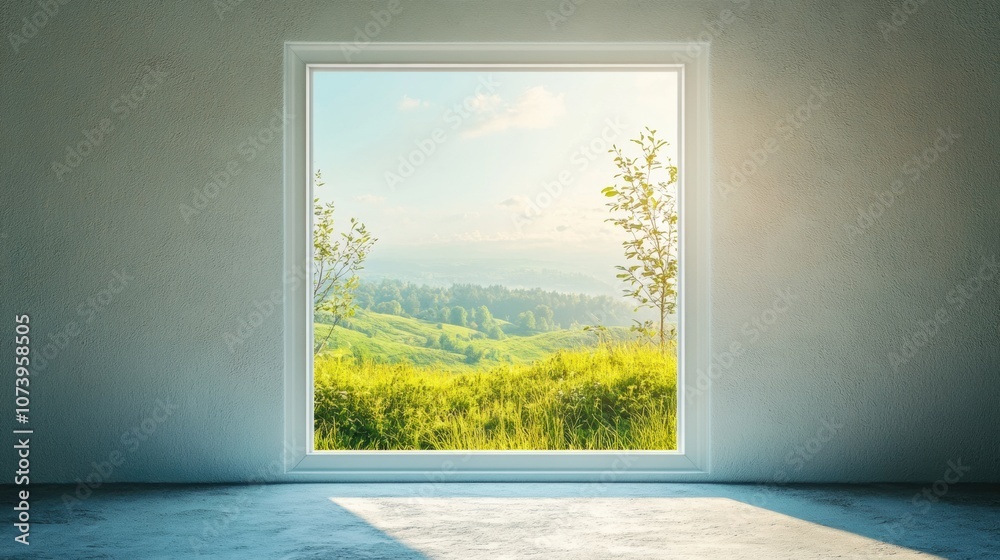Poster sunlight streams through a window, revealing a vibrant green landscape with gentle hills and trees, 