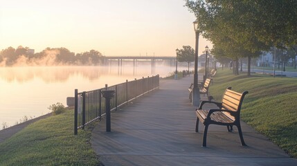 A Misty Morning View of a Riverfront Promenade