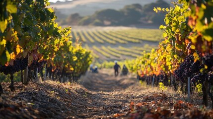 Vineyard Row with Ripe Grapes and Fall Colors