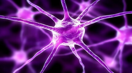 A close-up image of a neuron, with intricate purple branches extending from a central body.