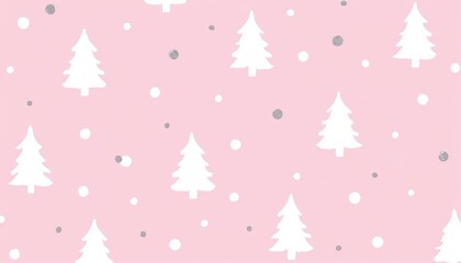 Obraz premium Festive wrapping paper with white Christmas trees and silver dots on a pink background, joyful design