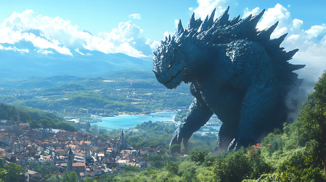 A giant monster is walking through a city with mountains in the background