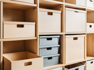 A minimalist shelving unit with organized storage boxes, emphasizing neatness and modern interior design. Generative AI