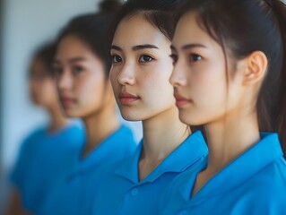 Fototapeta premium A group of Asian women in blue shorts standing next to