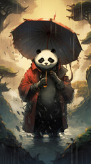 Panda Bear Holding Umbrella in Rain. Generative AI.