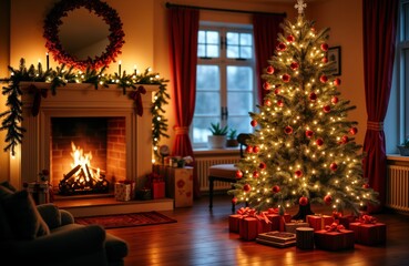 Decorated Christmas tree with red ornaments and string lights. Cozy living room with a lit fireplace. Presents under the tree. Warm, inviting atmosphere for a festive holiday celebration.
