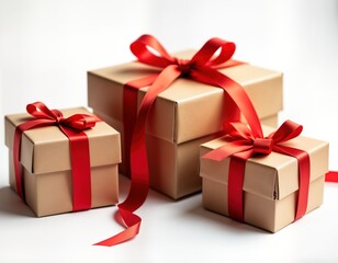 Obraz premium Three gift boxes wrapped in brown paper with red ribbons. Boxes arranged in row, with largest box in back, smallest box in front. Boxes isolated on white background. Image used to promote