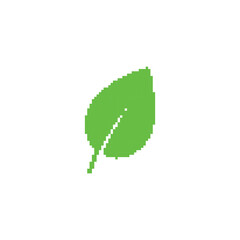 Fototapeta premium Pixelated green leaf icon simple design. Minimalist pixel art leaf vibrant green nature eco minimal plant icon
