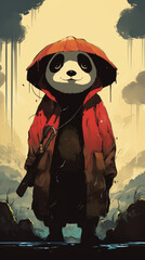 A panda in a red cloak with a hood. Cartoon style. Generative AI.